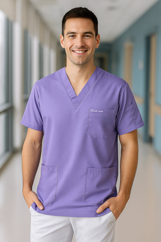 Kişiye Özel İsimli Erkek Tek Üst 4 Cepli Scrubs Forma - Lila