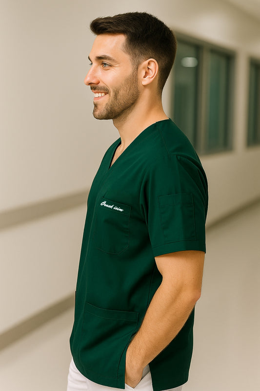 Kişiye Özel İsimli Erkek Tek Üst 4 Cepli Scrubs Forma - Yeşil