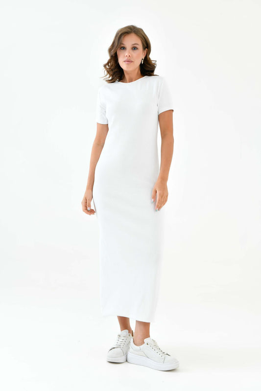 Kısa Kollu Fitilli Elbise - Beyaz | Outlet