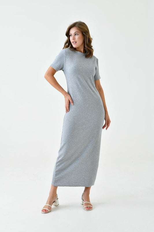 Kısa Kollu Fitilli Elbise - Gri | Outlet
