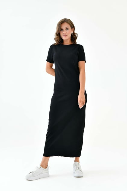 Kısa Kollu Fitilli Elbise - Siyah | Outlet