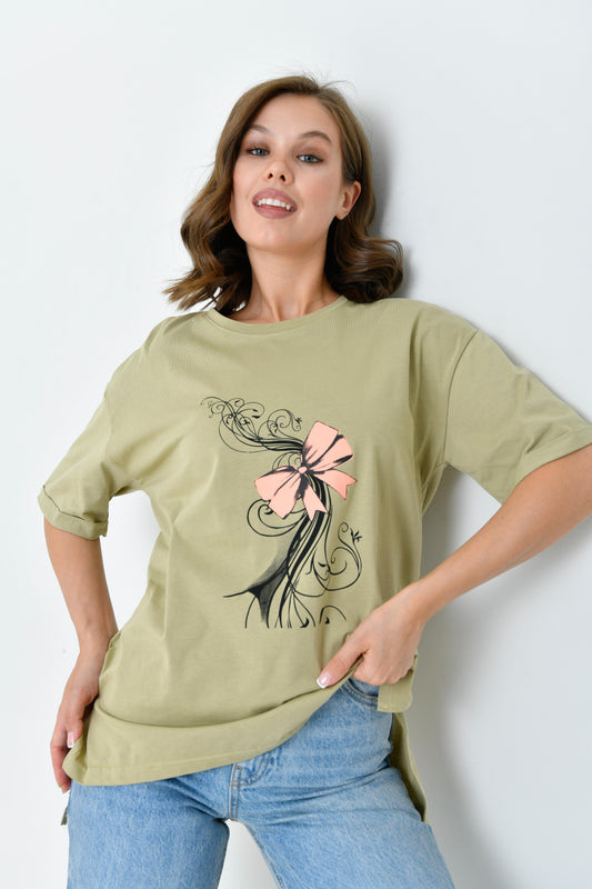 تي شيرت قطني بأكمام قصيرة - أخضر فاتح