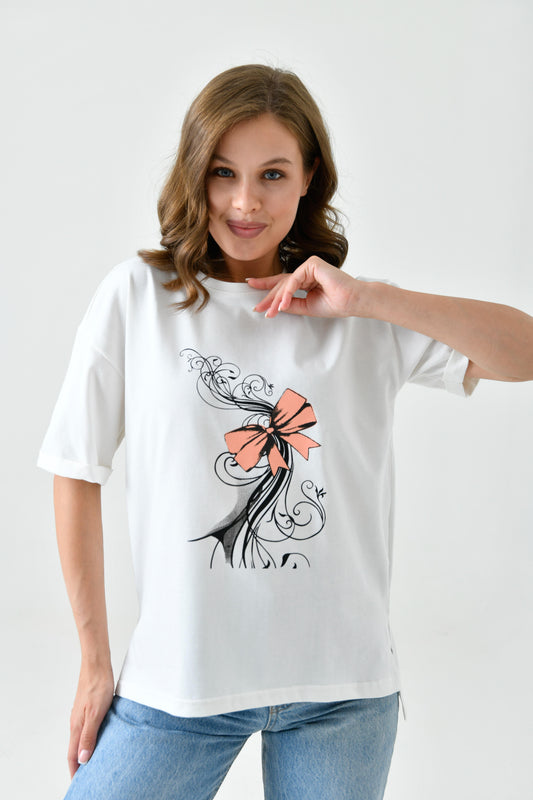 Kısa Kollu Pamuklu Tişört - Beyaz