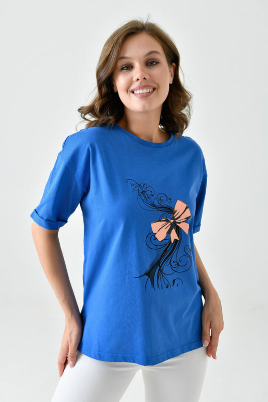 تي شيرت قطني بأكمام قصيرة - أزرق