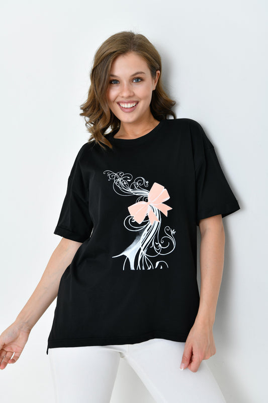 تي شيرت قطني بأكمام قصيرة - أسود