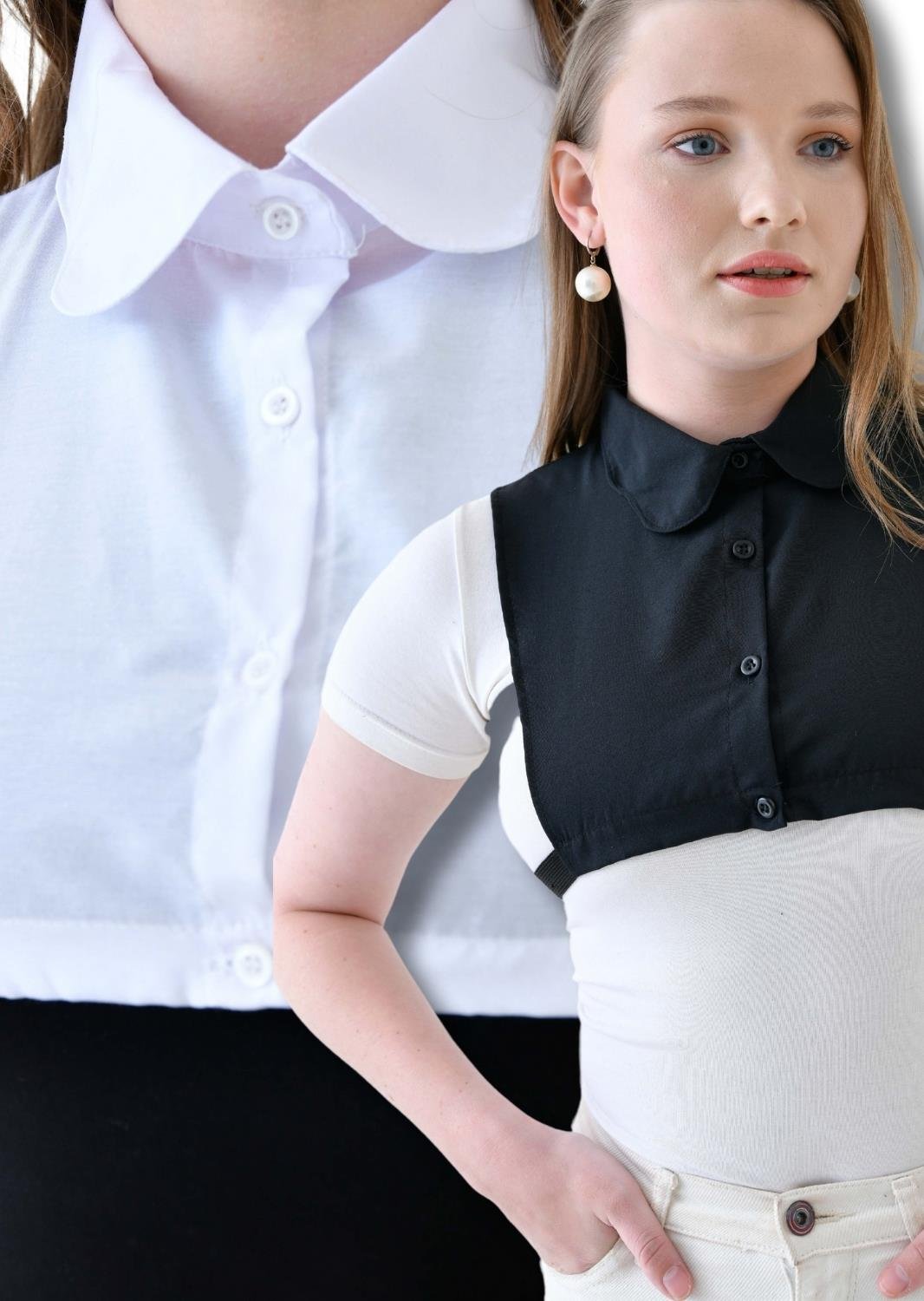 MIRACH Curve Büyük Beden 2'li Paket Papatya Model Gömlek Yaka Seti - Siyah ve Beyaz