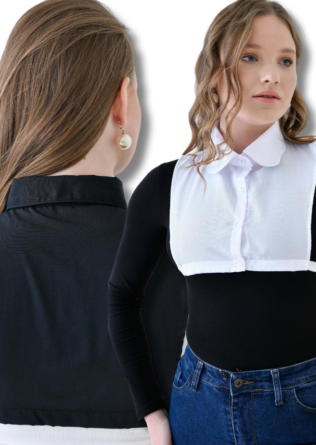MIRACH Curve Büyük Beden 2'li Paket Papatya Model Gömlek Yaka Seti - Siyah ve Beyaz