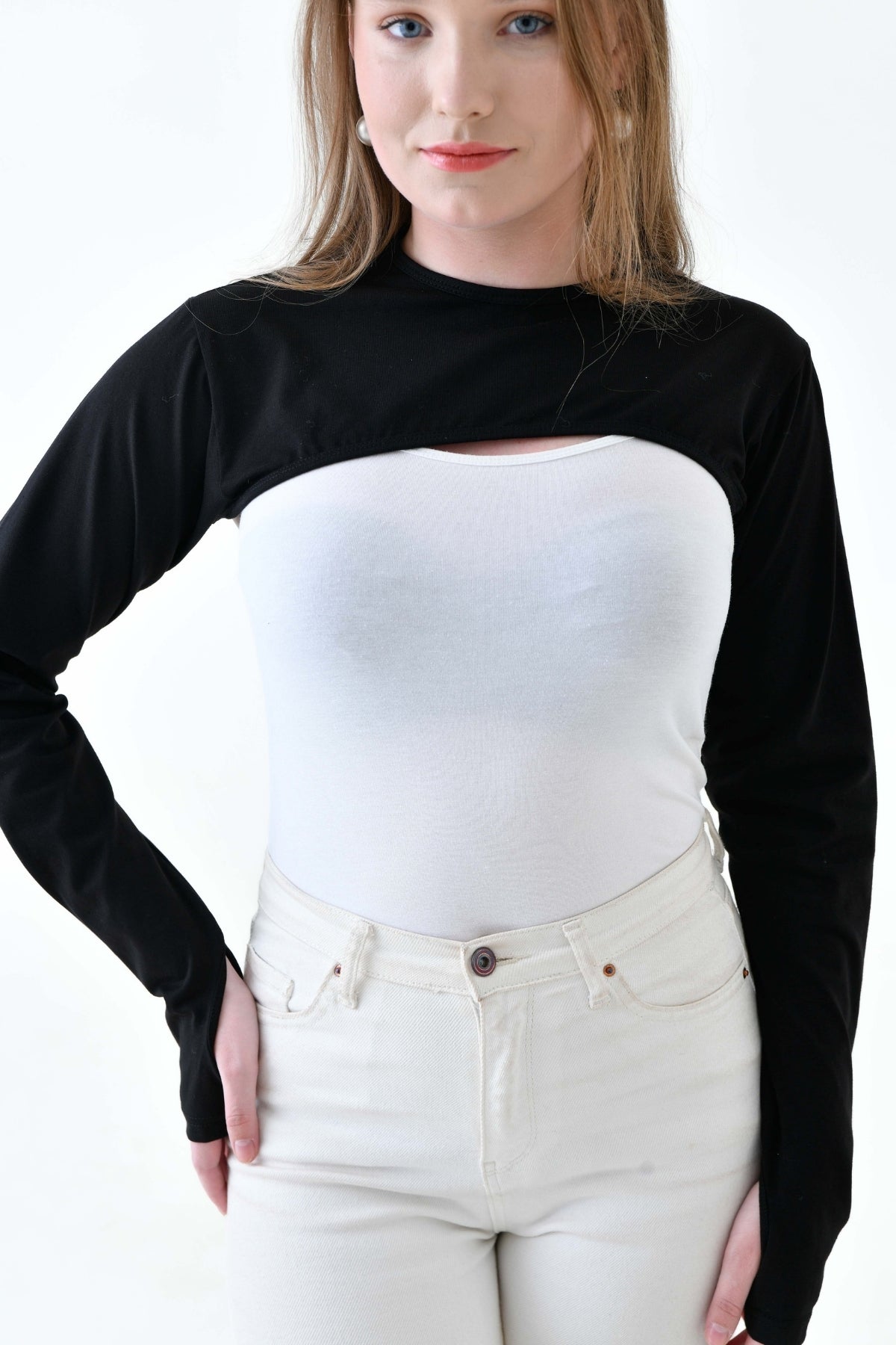 MIRACH Curve Plus Size رقبة دائرية مع أصابع وغطاء للذراع - أسود