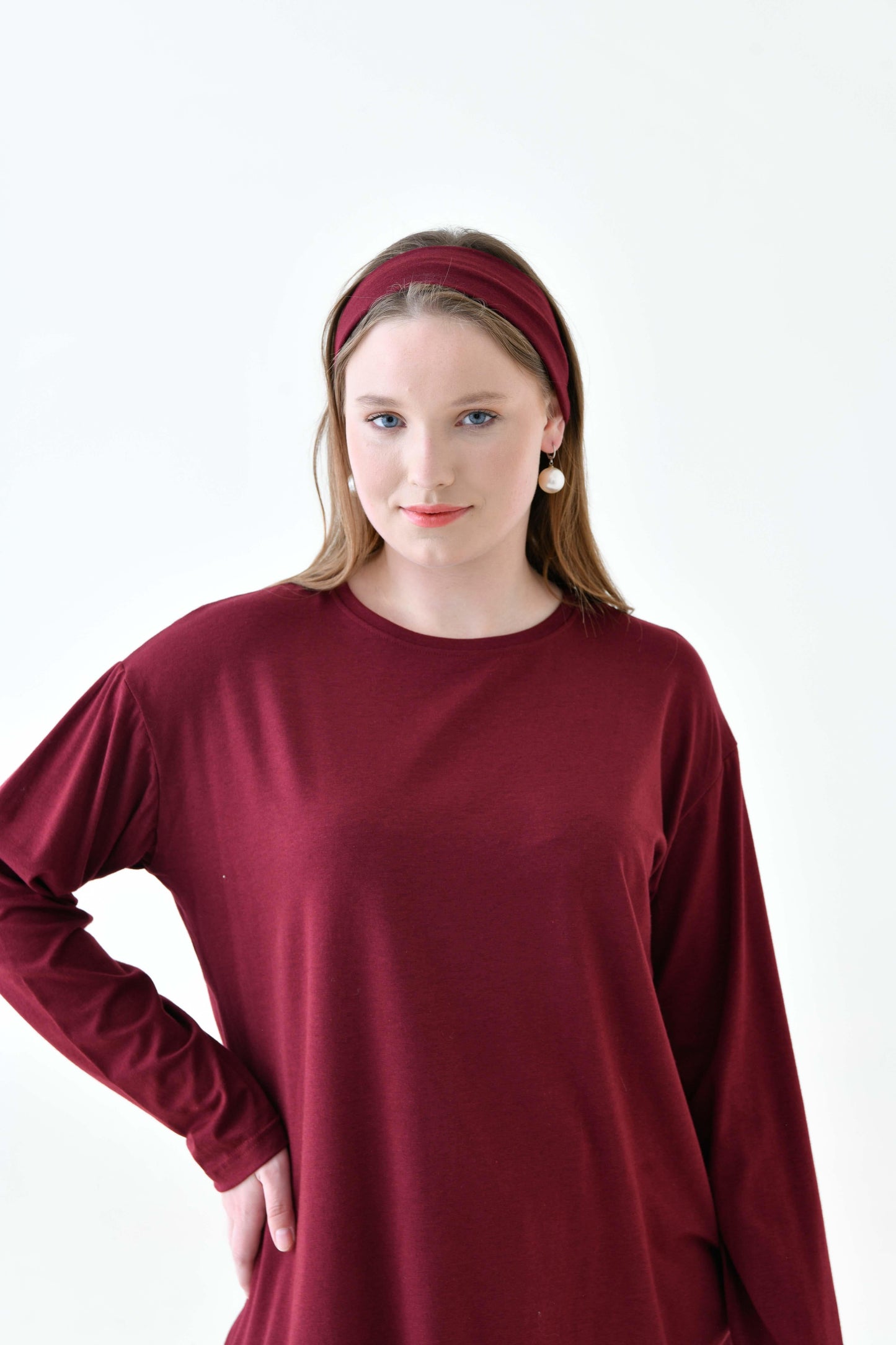 MIRACH Curve Büyük Beden Uzun Kollu Tunik (Bandana Hediyeli) - Bordo