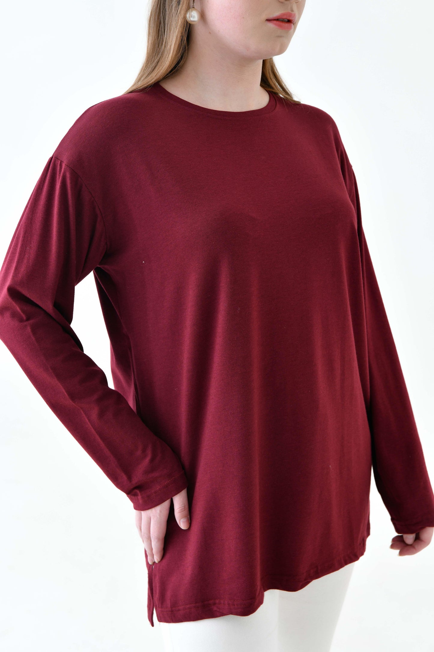 MIRACH Curve Büyük Beden Uzun Kollu Tunik (Bandana Hediyeli) - Bordo