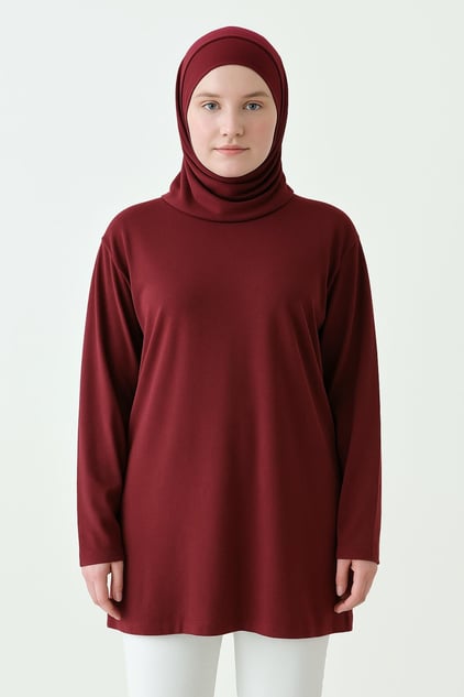 MIRACH Curve Büyük Beden Uzun Kollu Tunik (Bandana Hediyeli) - Bordo