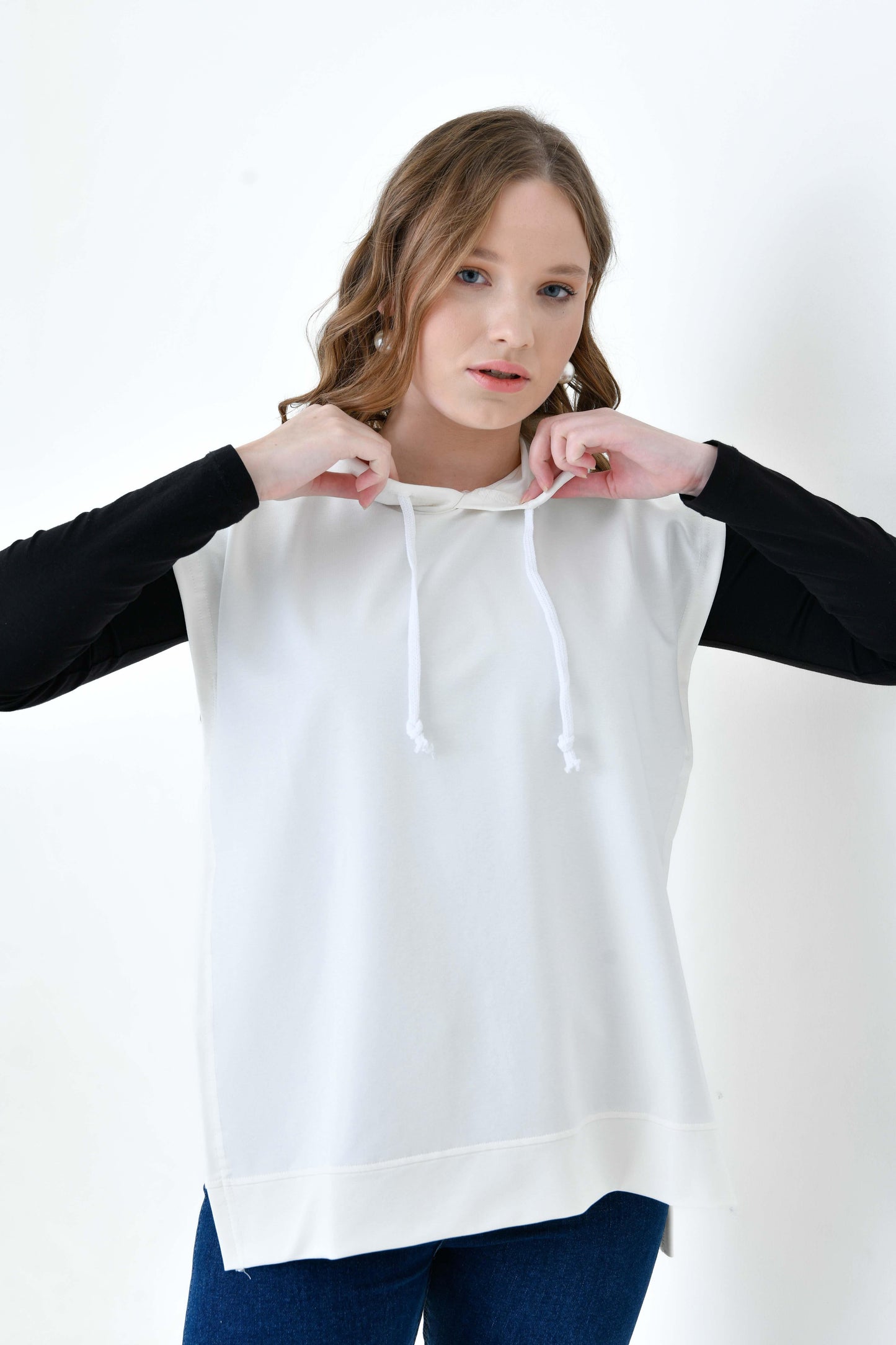 MIRACH Curve Büyük Beden Yanları Düğmeli Süveter Sweat - Ekru