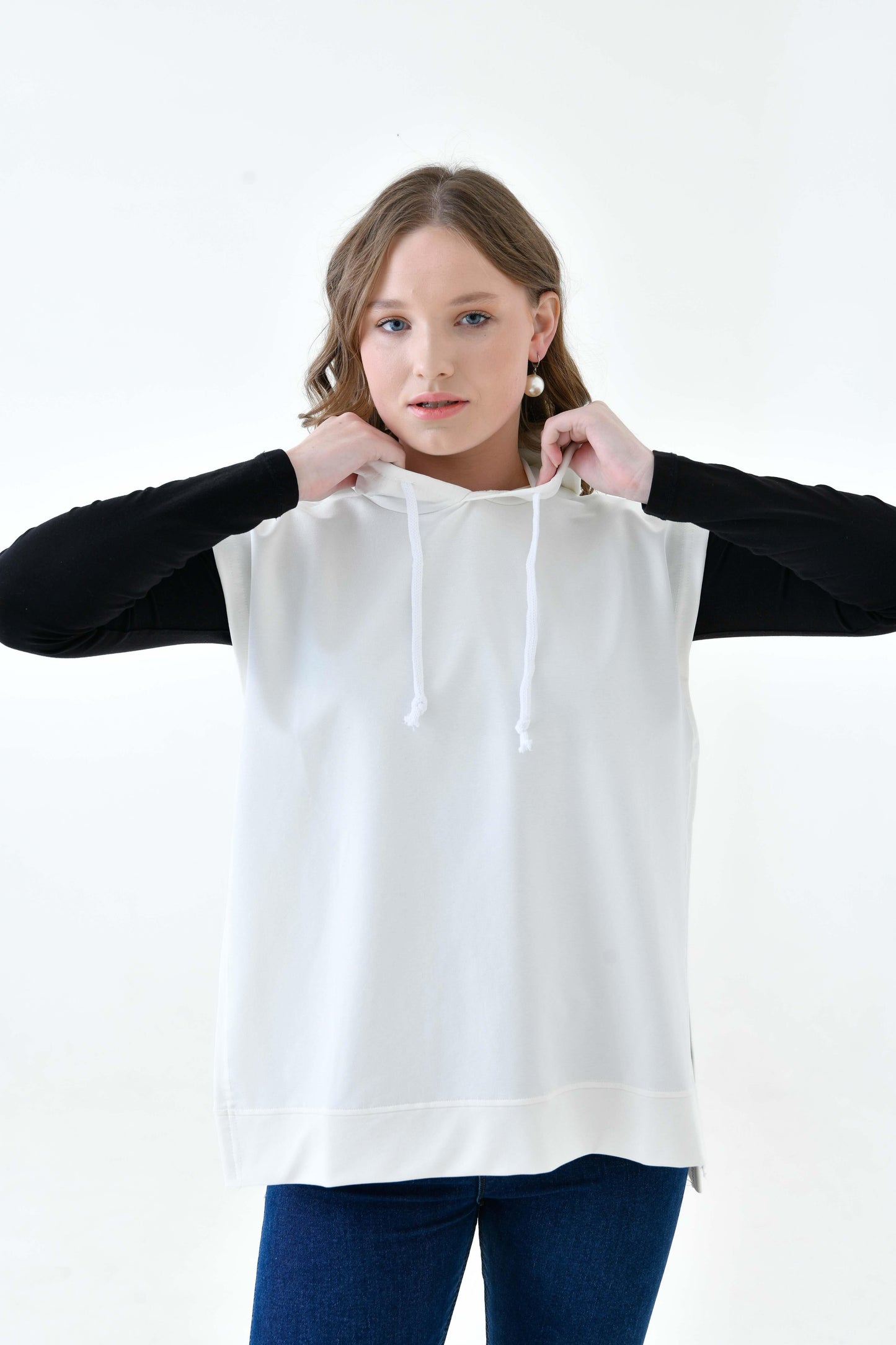 MIRACH Curve Büyük Beden Yanları Düğmeli Süveter Sweat - Ekru