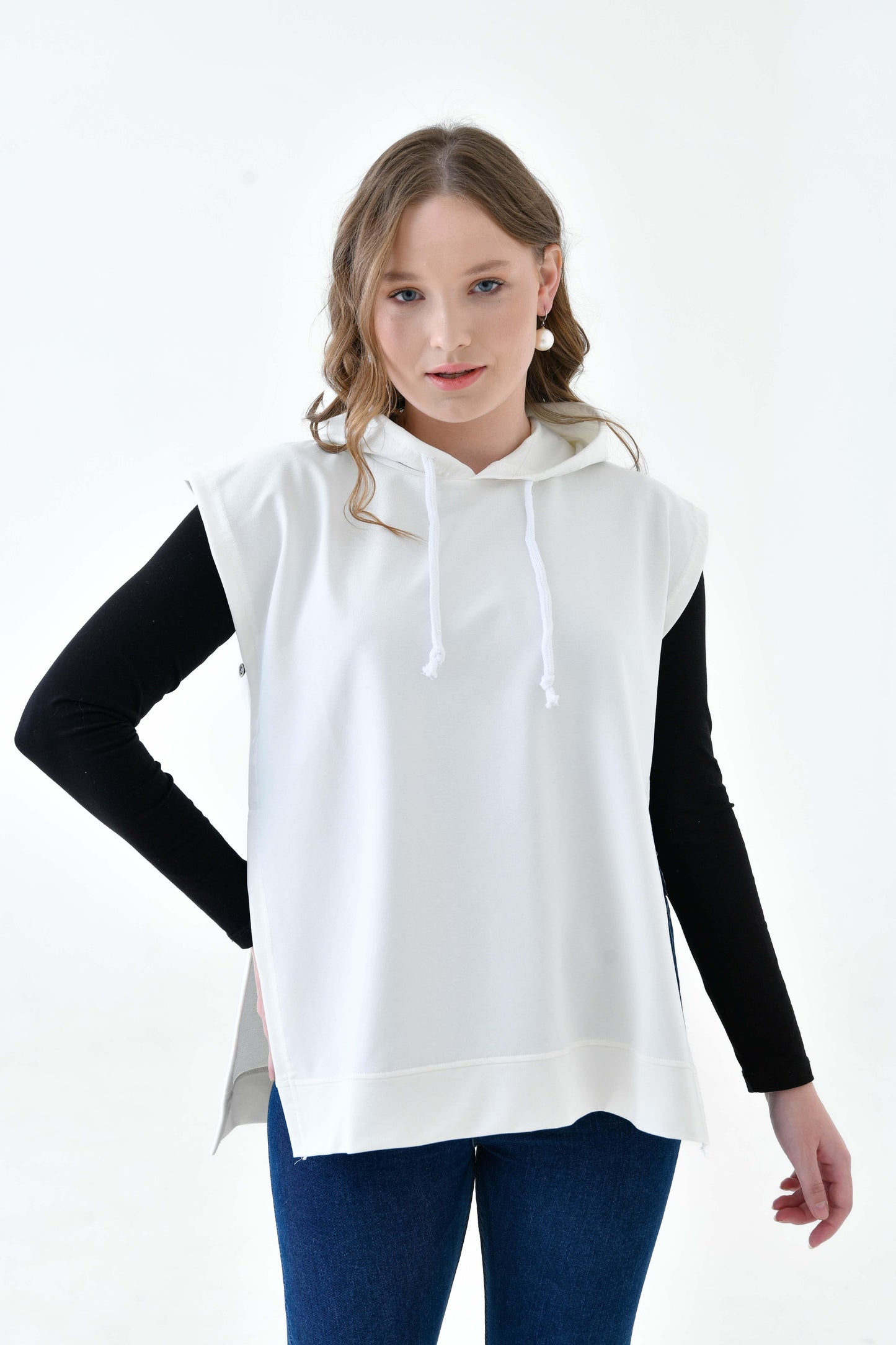 MIRACH Curve Büyük Beden Yanları Düğmeli Süveter Sweat - Ekru