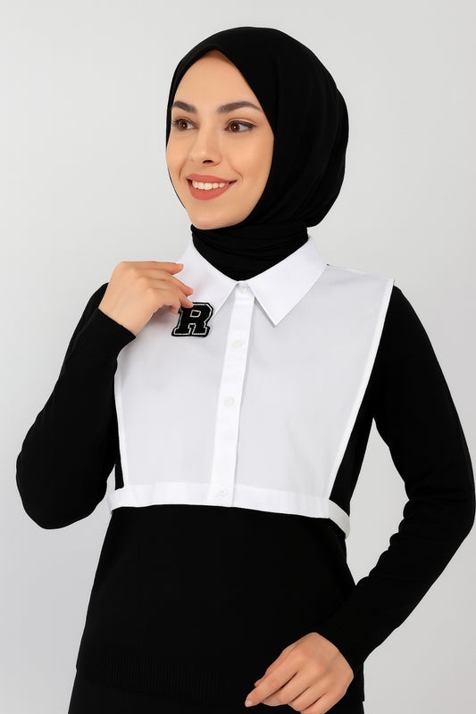 Siyah R Harf Detaylı Gömlek Yakası - Beyaz