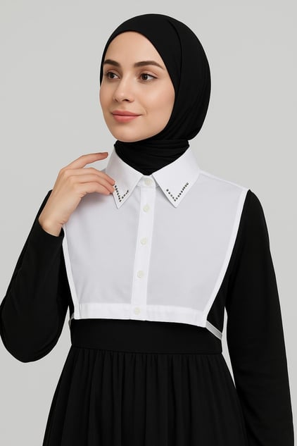 Taşlı Gömlek Yakası Beyaz