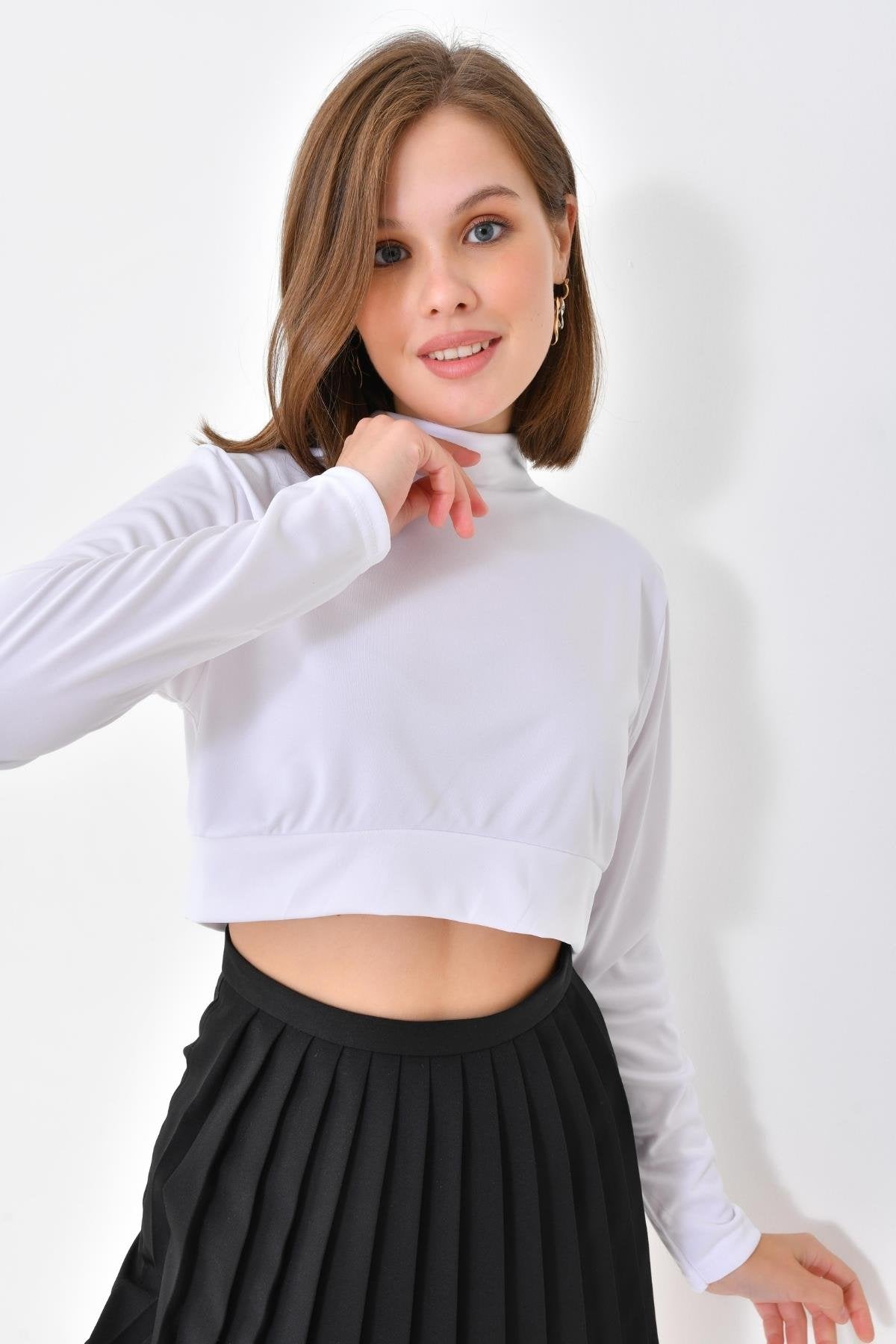 Uzun Kollu Crop Boyunluk - Beyaz