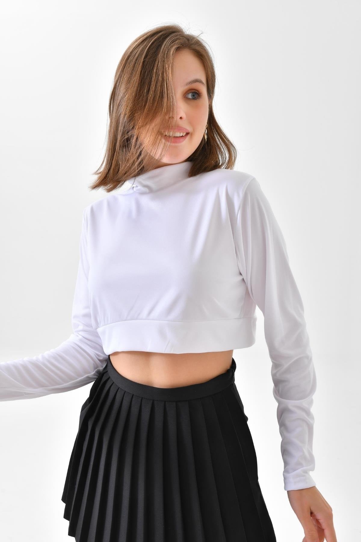 Uzun Kollu Crop Boyunluk - Beyaz