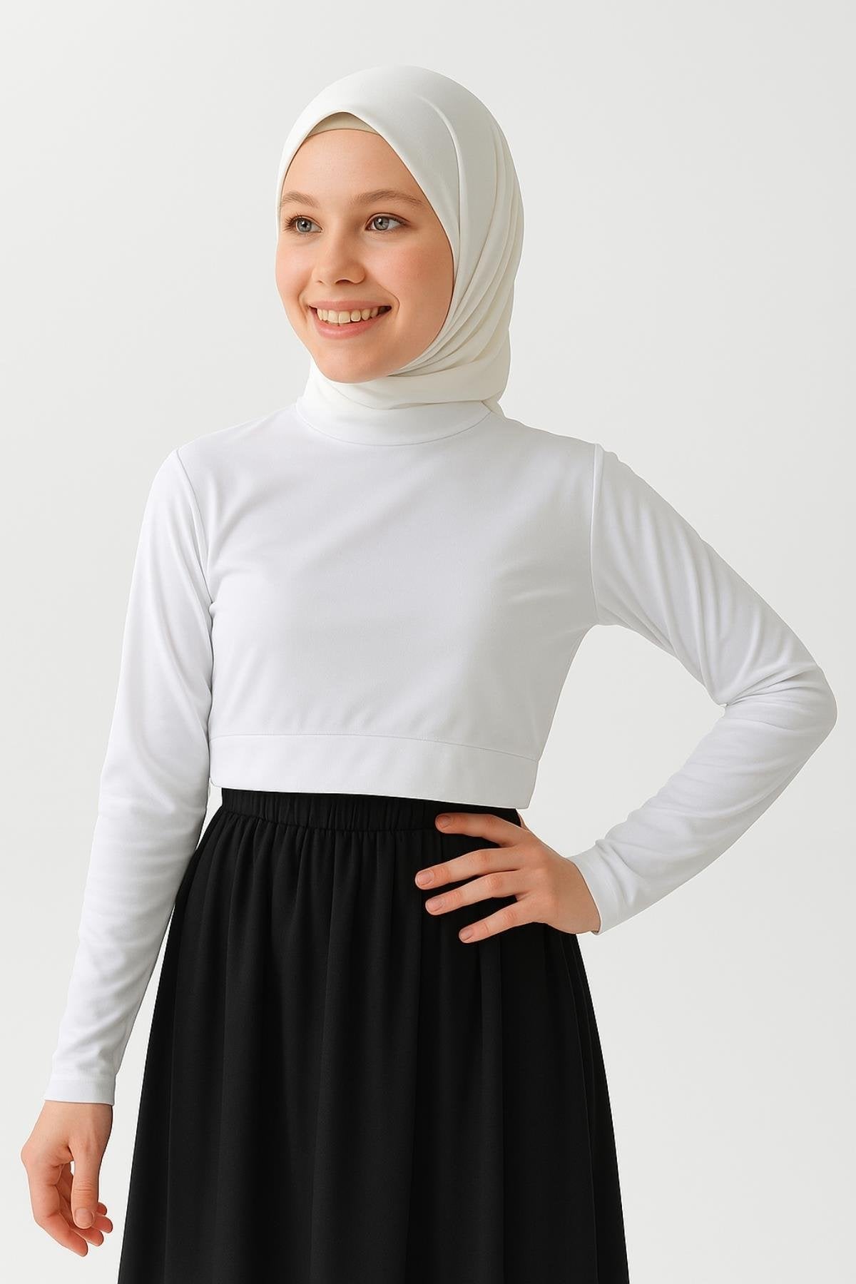 Uzun Kollu Crop Boyunluk - Beyaz