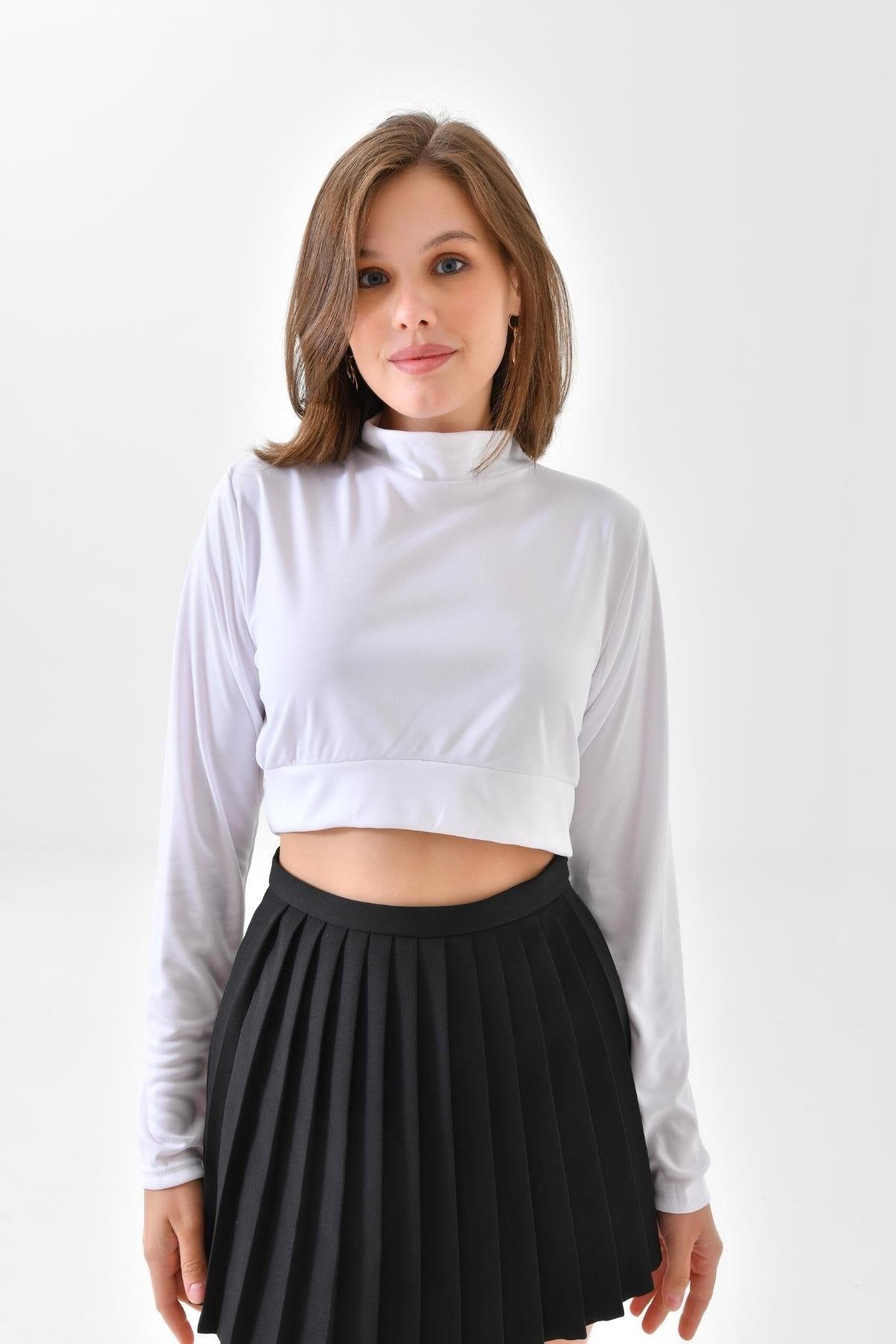 Uzun Kollu Crop Boyunluk - Beyaz
