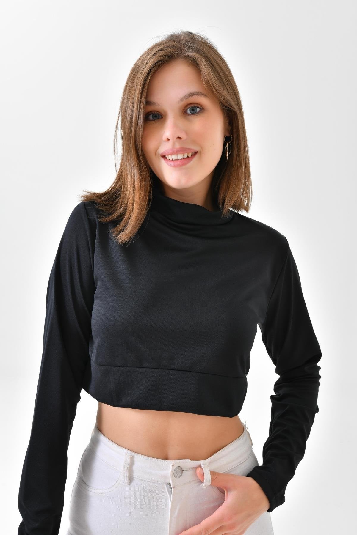 Uzun Kollu Crop Boyunluk - Siyah