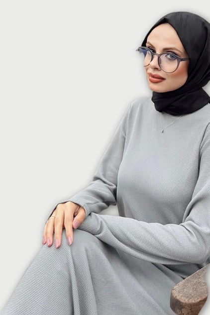 Uzun Kollu Elbise - Gri
