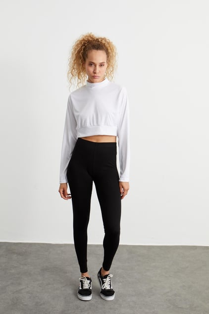 بنطال ضيق من القطن الممشط بخصر مرتفع - أسود