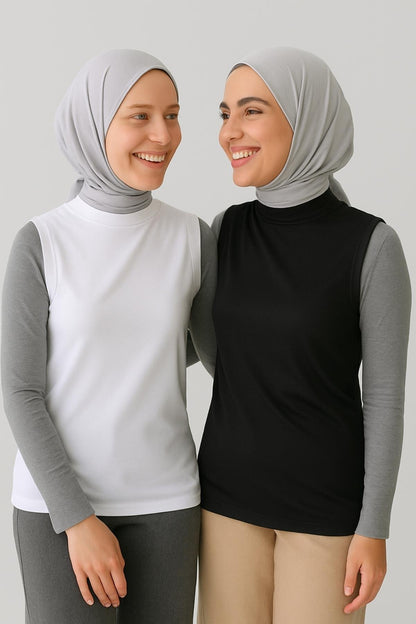 2'li Paket Balıkçı Yaka Kolsuz Bluz Seti - Siyah ve Beyaz