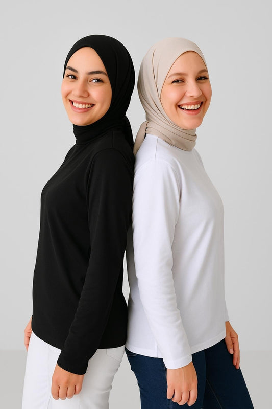 2'li Paket Balıkçı Yaka Uzun Kol Bluz - Siyah ve Beyaz