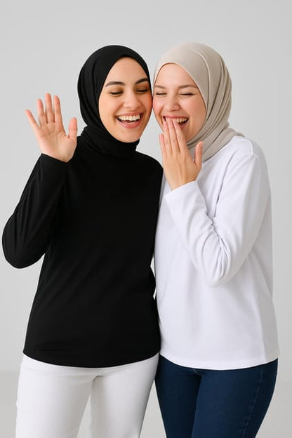 2'li Paket Balıkçı Yaka Uzun Kol Bluz - Siyah ve Beyaz
