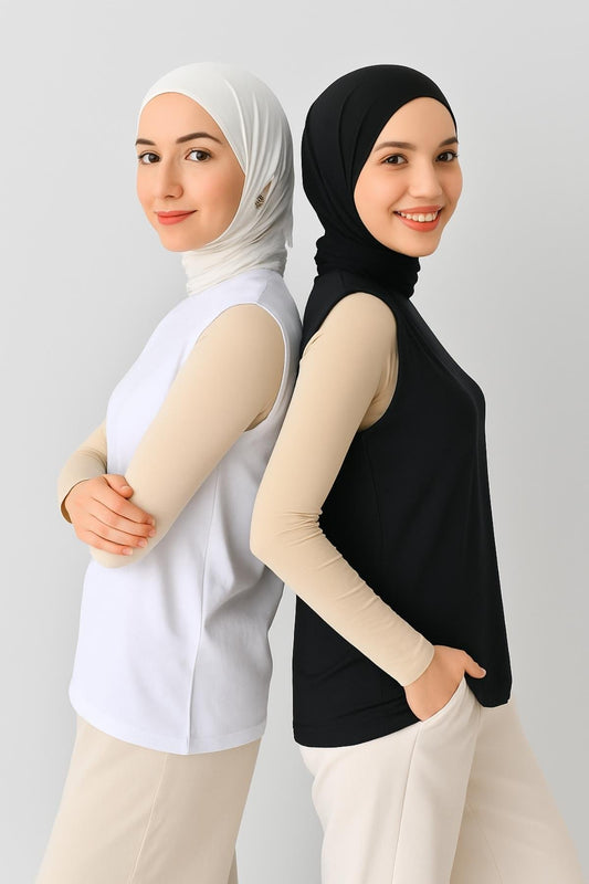 2'li Paket Bisiklet Yaka Kolsuz Bluz Seti - Siyah ve Beyaz