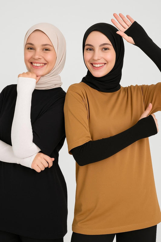 2'li Paket Parmak Detaylı Lastikli Kolluk Seti - Beyaz ve Siyah