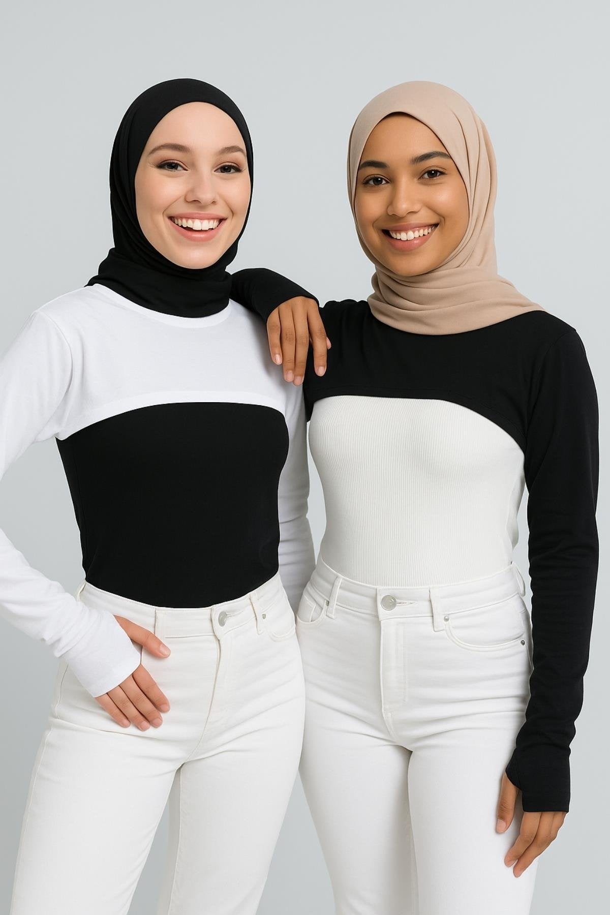 2'li Paket Parmaklı Boyunluklu Kolluk Seti - Beyaz ve Siyah
