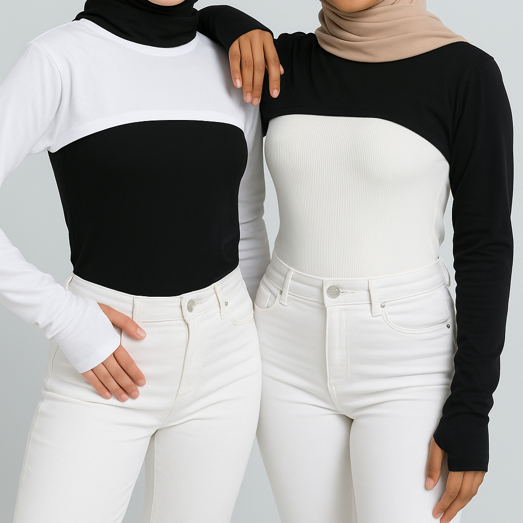 Siyah ve beyaz tesettür boyunluk kolluk seti – penye uzun kolluk ve boyunluk tesettür kombin