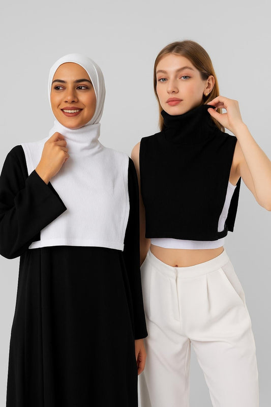 2'li Paket Tam Balıkçı Full Kapalı Fitilli Kolsuz Boyunluk Seti Siyah ve Beyaz