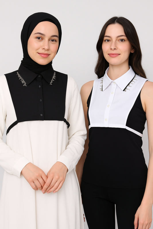 2'li Paket Zincirli Gömlek Yakası - Siyah ve Beyaz