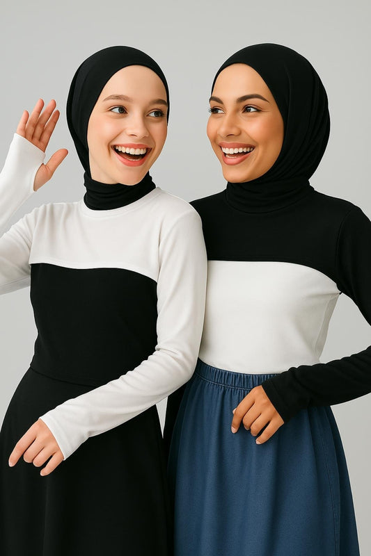 2'li Set Balıkçı Parmaklı Boyunluklu Kolluk - Beyaz Siyah