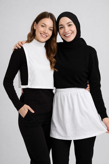 2'li Paket Beyaz Yırtmaçlı Etek ve Dik Yaka Kolsuz Boyunluk Seti