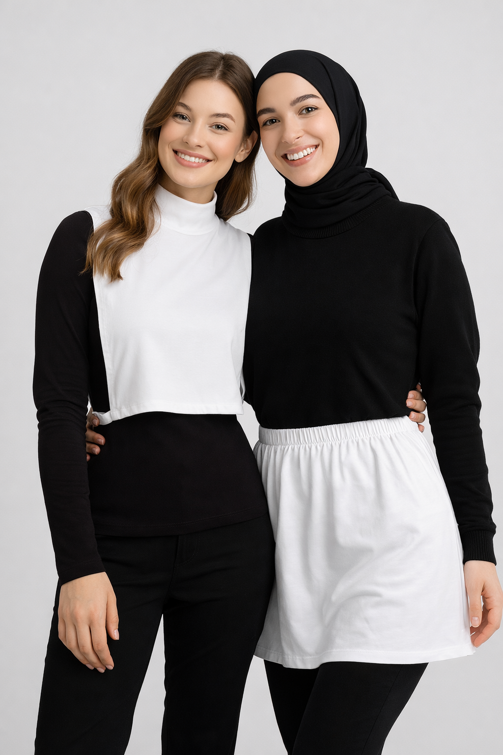 2'li Paket Beyaz Yırtmaçlı Etek ve Dik Yaka Kolsuz Boyunluk Seti