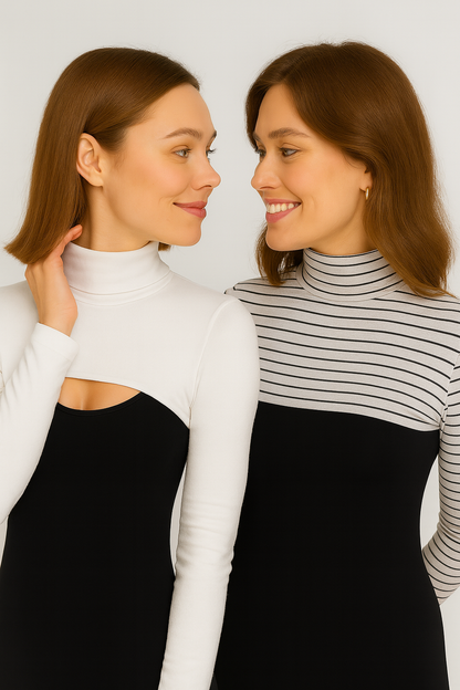 2'li Paket Dik Yaka Boyunluklu Kolluk Seti - Beyaz ve Çizgili