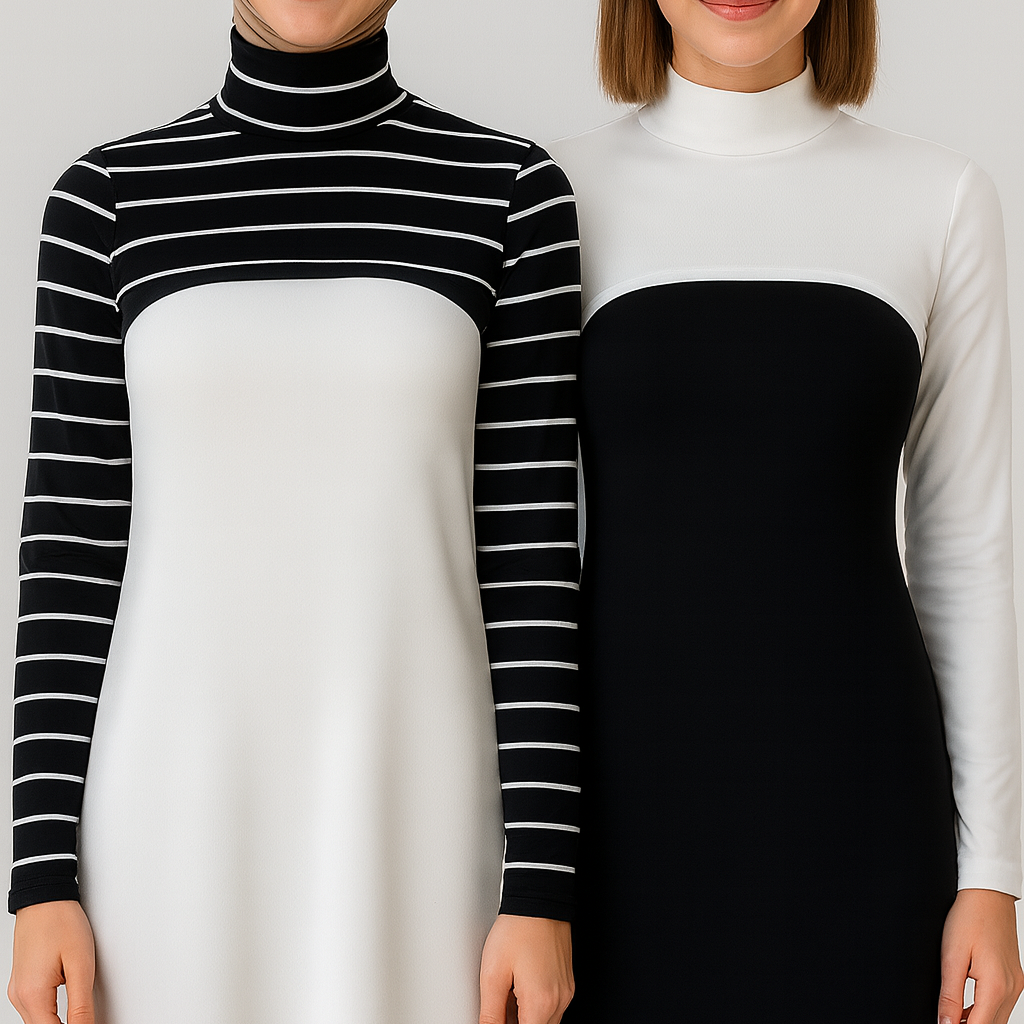 Tesettür boyunluk kolluk modeli, uzun kolluk penye kumaş siyah beyaz kombin, kadın tesettür kolluk ve boyunluklu kolluk ürün