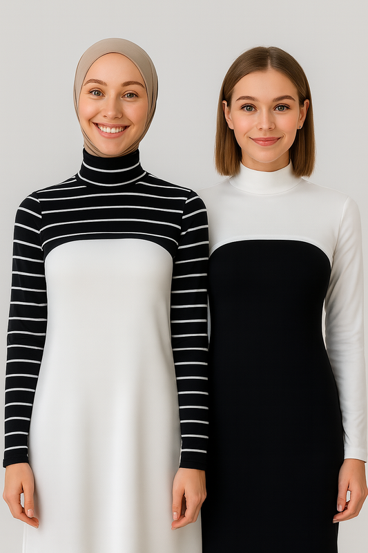 2'li Paket Dik Yaka Boyunluklu Kolluk Seti - Çizgili ve Beyaz