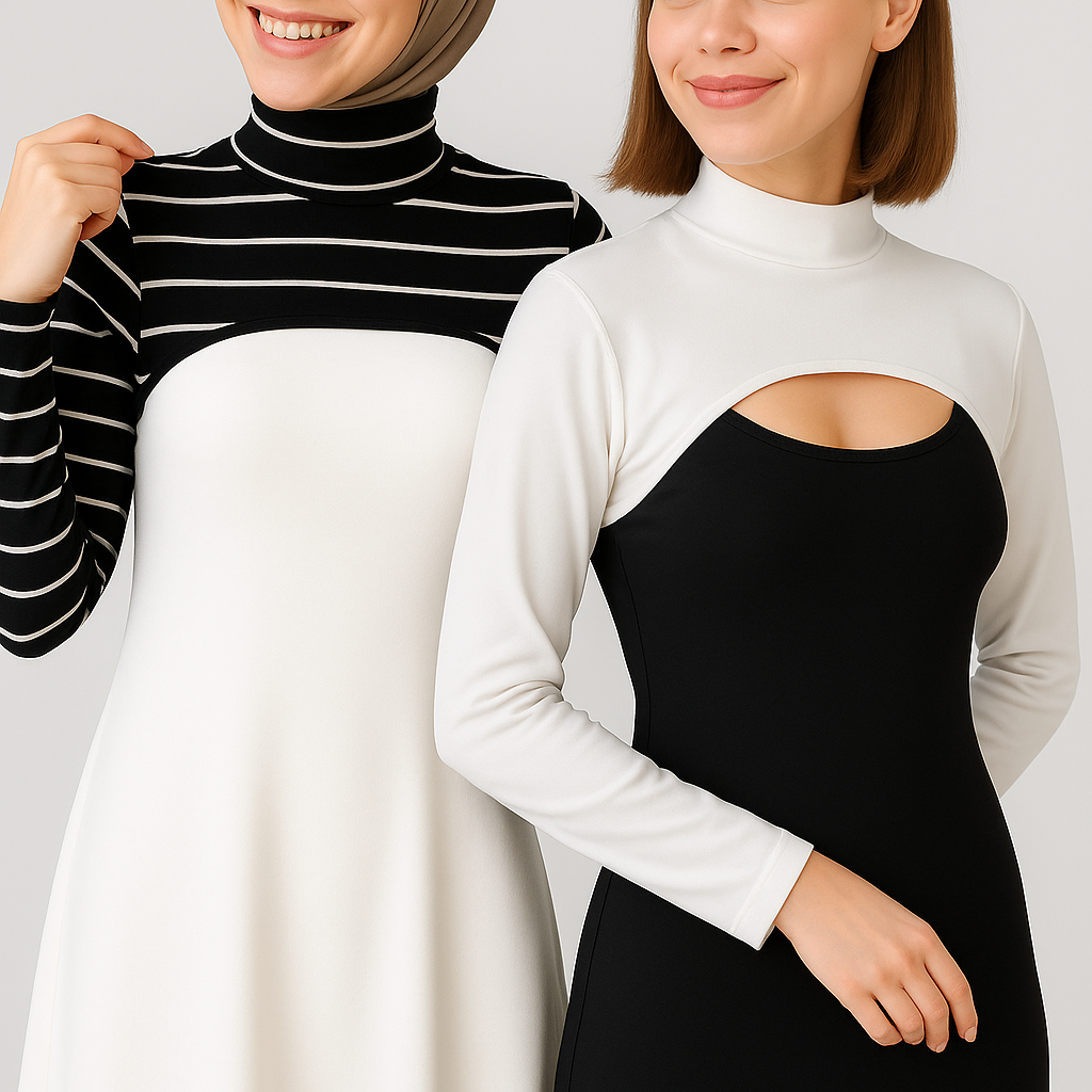 Boyunluk tesettür ve kolluk tesettür kombin, tesettür boyunluk modelleri uzun kolluk siyah beyaz şık tasarım