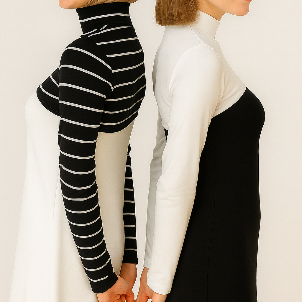 Boyunluklu kolluk tesettür giyim ürünü, namaz kolluğu olarak da kullanılabilen uzun kolluk siyah beyaz kadın kolluk modeli