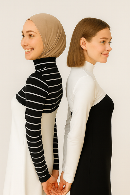 2'li Paket Dik Yaka Boyunluklu Kolluk Seti - Çizgili ve Beyaz