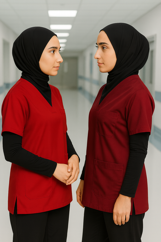 2'li Paket Tek Üst 4 Cepli Scrubs Forma - Bordo ve Kırmızı