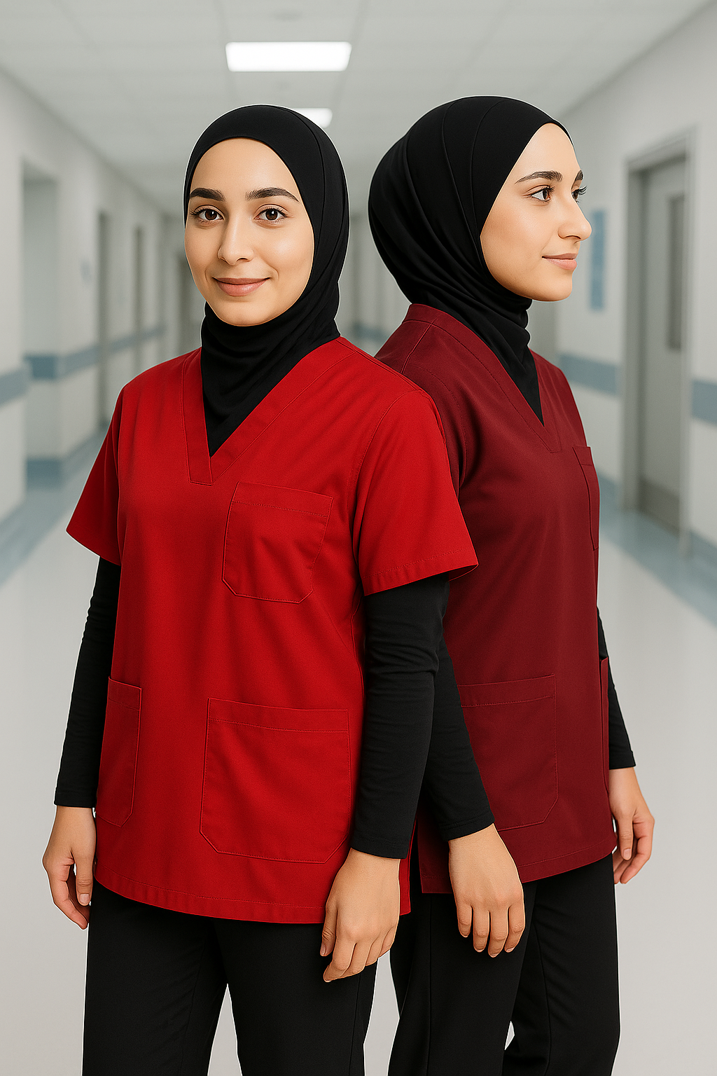 2'li Paket Tek Üst 4 Cepli Scrubs Forma - Bordo ve Kırmızı