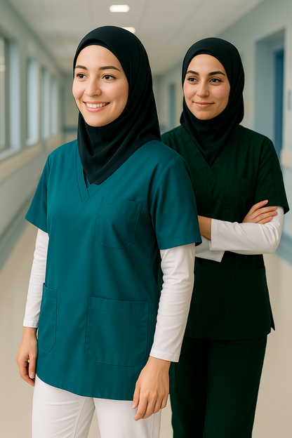 2'li Paket Tek Üst 4 Cepli Scrubs Forma - Petrol ve Yeşil