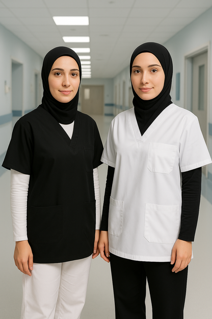 2'li Paket Tek Üst 4 Cepli Scrubs Forma - Siyah ve Beyaz