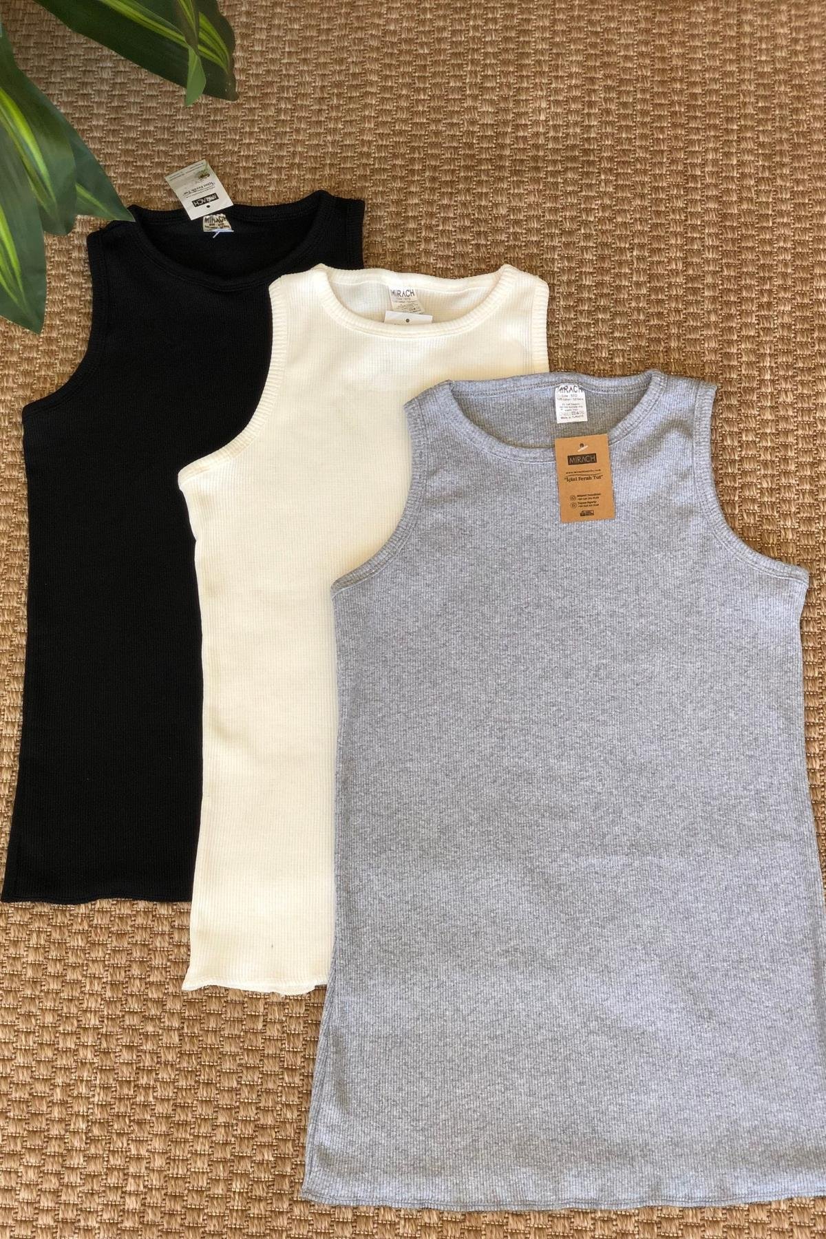 3'lü Paket Kalın Askılı Fitilli Basic Atlet - Siyah, Beyaz ve Gri